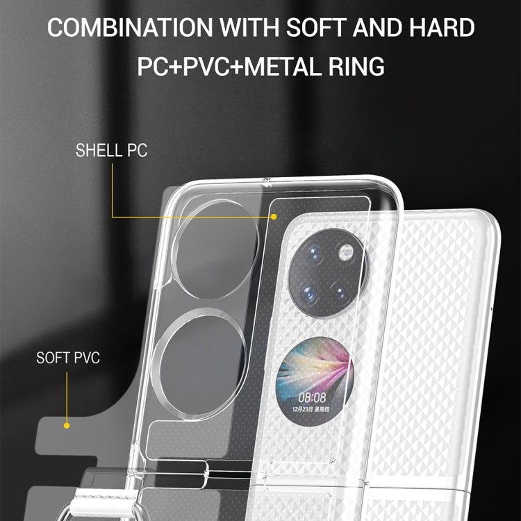 Clear phone case with metal ring stand, raised camera cutouts, and textured grip back