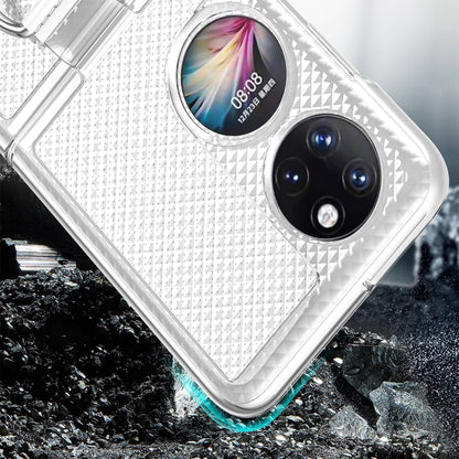 Transparent case with metal ring holder, textured diamond pattern, and triple camera opening