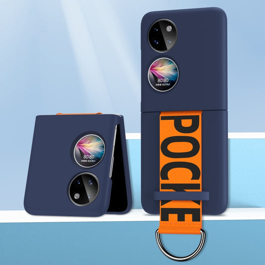 Navy PC phone case with frosted feel and orange wrist strap ring