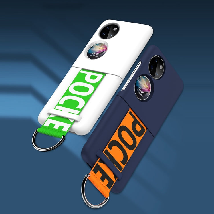 White and navy PC phone cases with wrist straps and frosted camera cutouts
