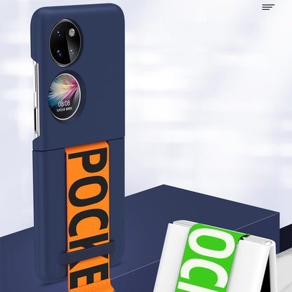 Navy PC phone case with frosted back and orange wrist strap, camera openings