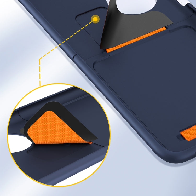 Navy phone case corner with orange wrist strap and reinforced protective edge