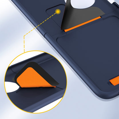 Navy phone case corner with orange wrist strap and reinforced protective edge