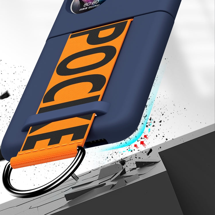 Navy PC phone case with orange wrist strap and raised camera protection