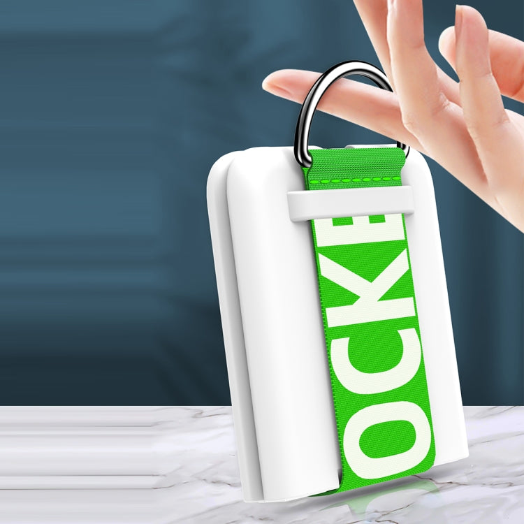 White PC phone case with green wrist strap and frosted back, camera cutouts