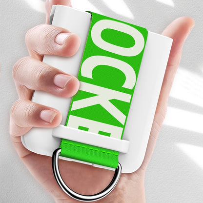 White PC phone case with green wrist strap ring and frosted front cutouts