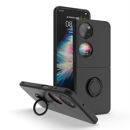 Ring holder PC phone case for Huawei P50 Pocket in dark gray, with built-in stand.