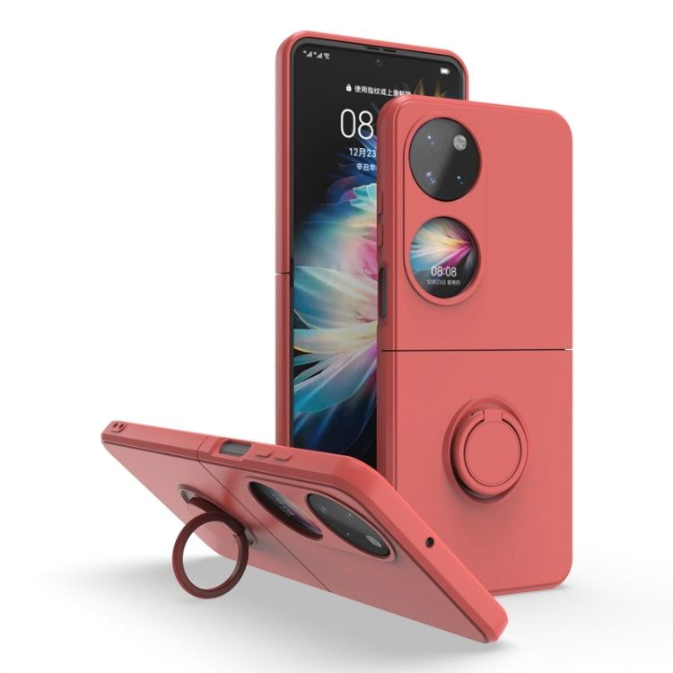 Ring holder PC phone case for Huawei P50 Pocket in pink-red, with ring stand.