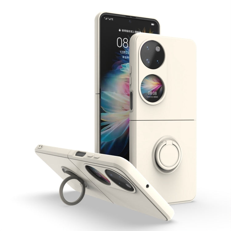 Ring holder PC phone case for Huawei P50 Pocket in antique white, with ring stand.