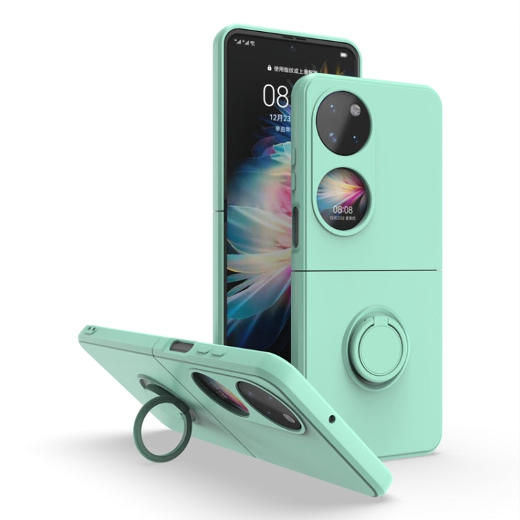 Ring holder PC phone case for Huawei P50 Pocket in light cyan, with ring stand.