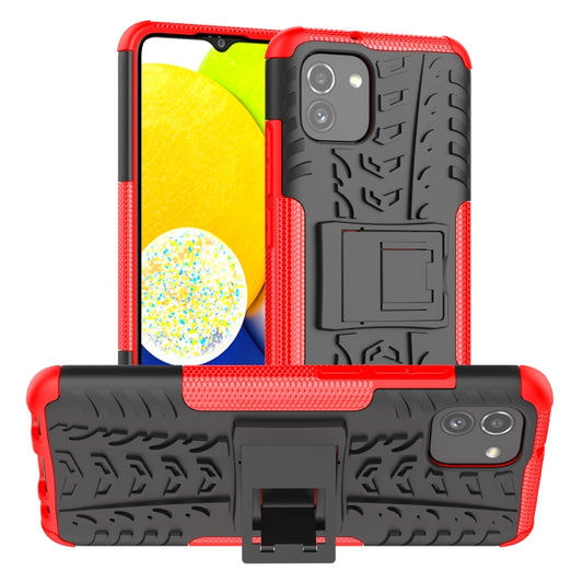 Red rugged phone case with tire tread texture, PC back, TPU bumper, built-in stand