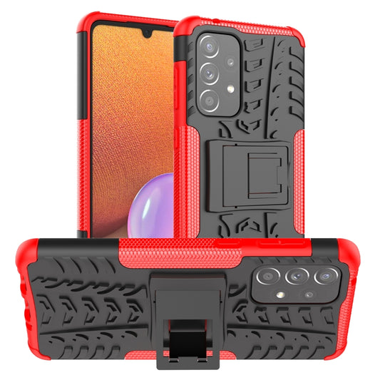 Red tire-texture phone case with raised corners, camera cutouts, and stand