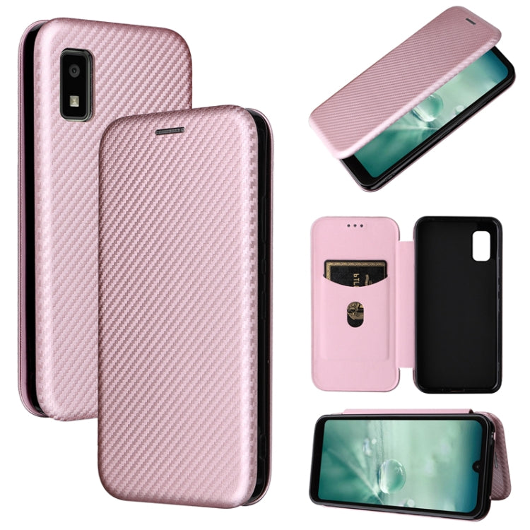 Pink carbon fiber texture magnetic flip phone case with card slots and window opening.