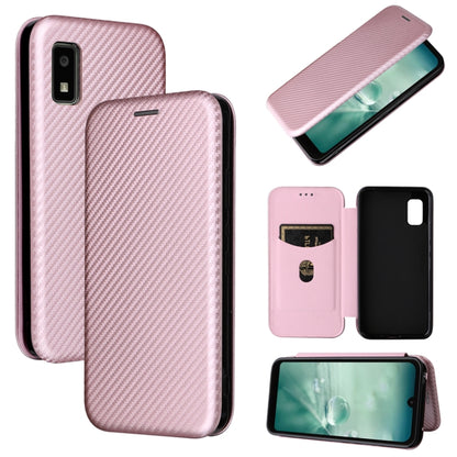 Pink carbon fiber texture magnetic flip phone case with card slots and window opening.