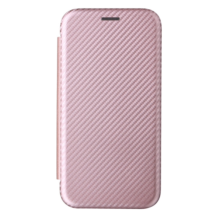 Pink carbon fiber texture flip phone case, front cover closed with cutout at top.