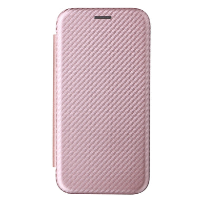 Pink carbon fiber texture flip phone case, front cover closed with cutout at top.
