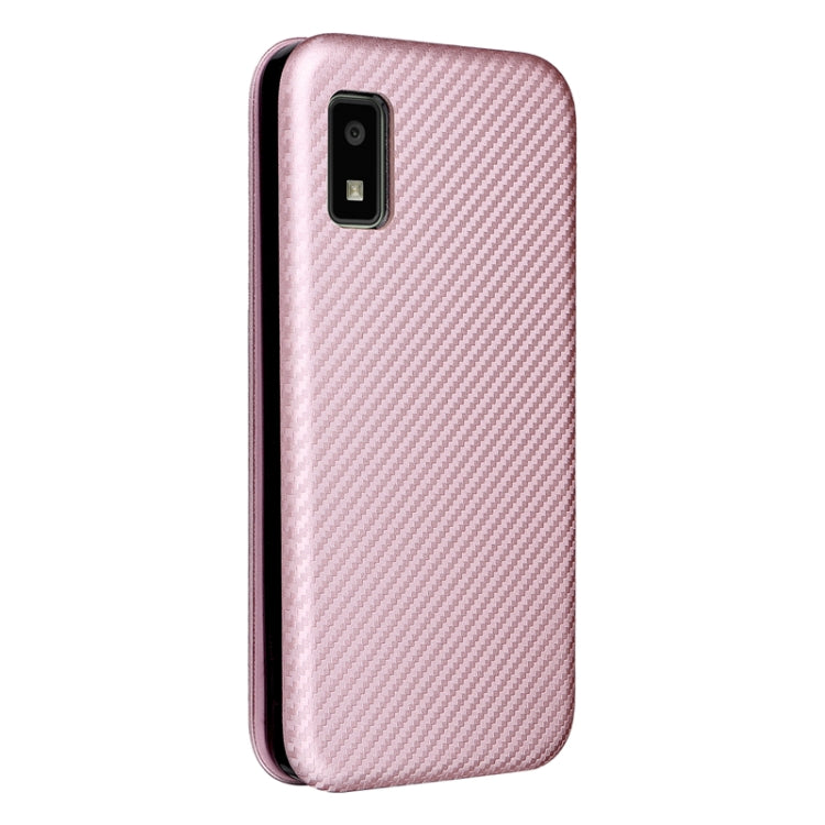 Pink carbon fiber texture flip phone case with side buttons and camera cutout.