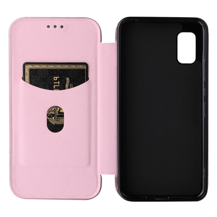 Pink magnetic flip phone case with inner card holder and matching black back cover.
