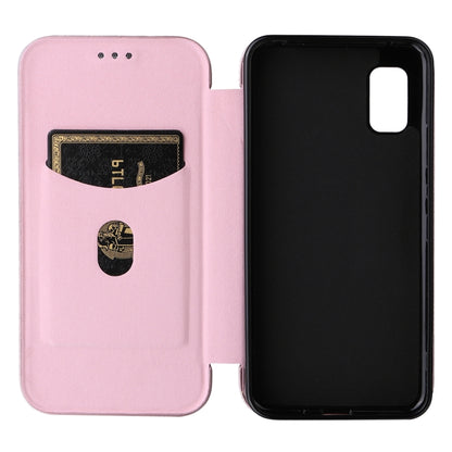 Pink magnetic flip phone case with inner card holder and matching black back cover.