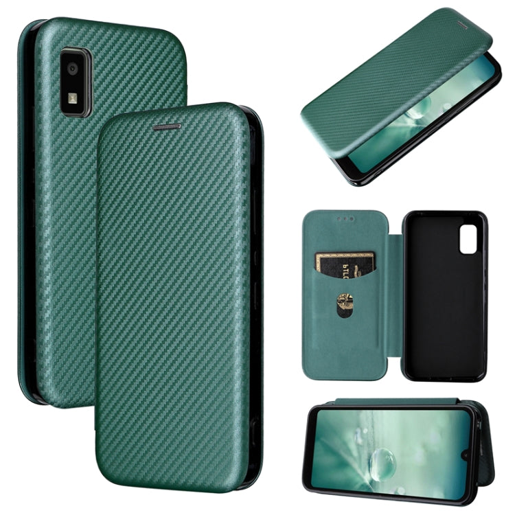 Green carbon fiber texture magnetic flip phone case with card slots and window opening.