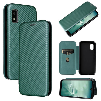 Green carbon fiber texture magnetic flip phone case with card slots and window opening.
