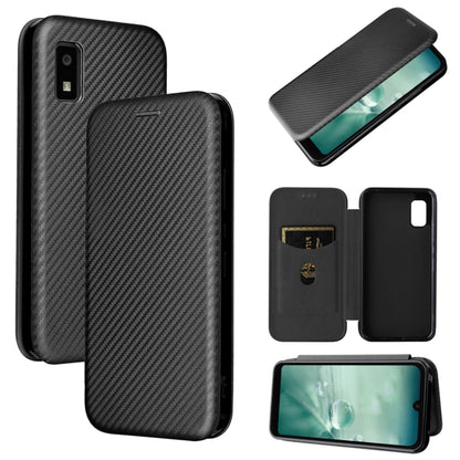 Black carbon fiber texture magnetic flip phone case with card slot and window opening.