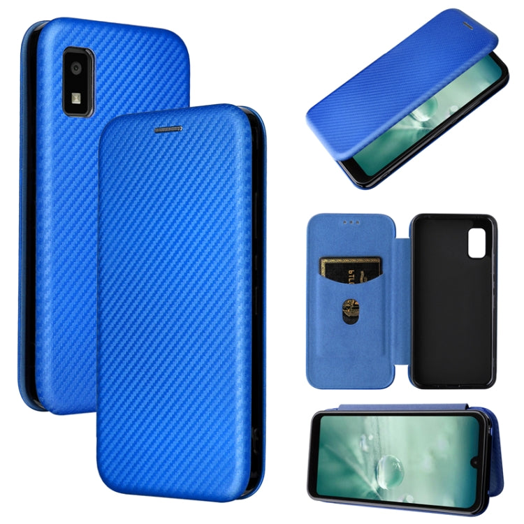 Blue carbon fiber texture magnetic flip phone case with card slots and window opening.