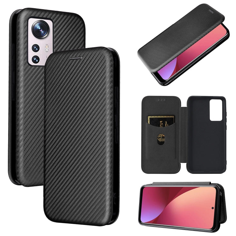 Black magnetic flip phone case with carbon-fiber texture, PU leather style