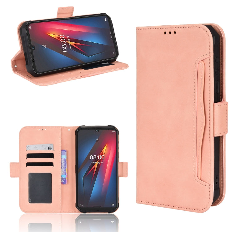 Pink flip leather phone case with calf-pattern texture, card slots, and camera cutout