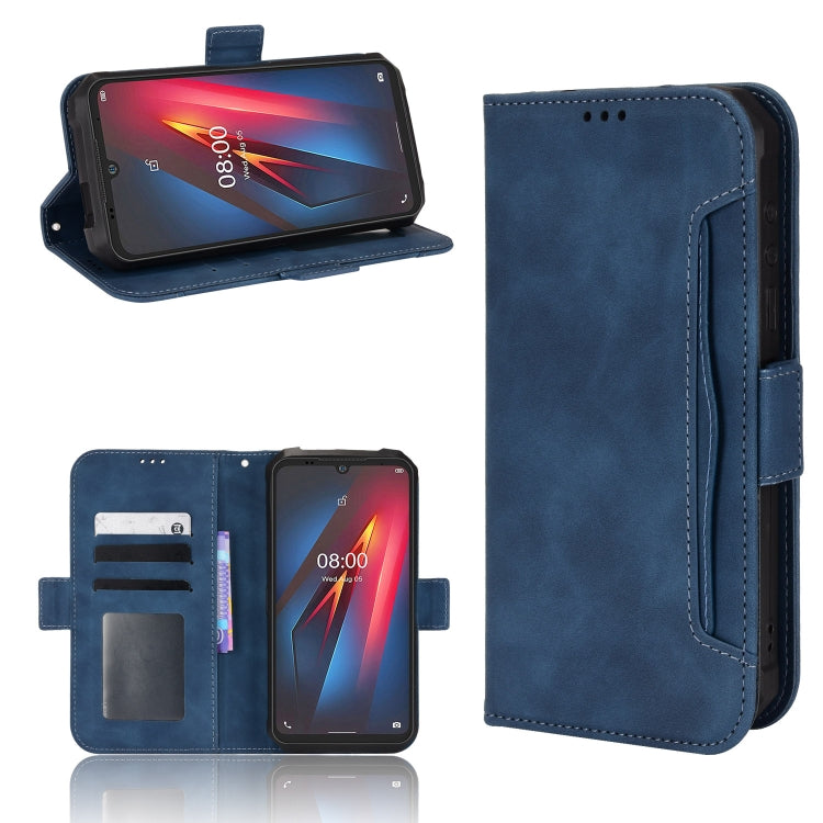 Blue flip leather phone case with card slots and camera cutout