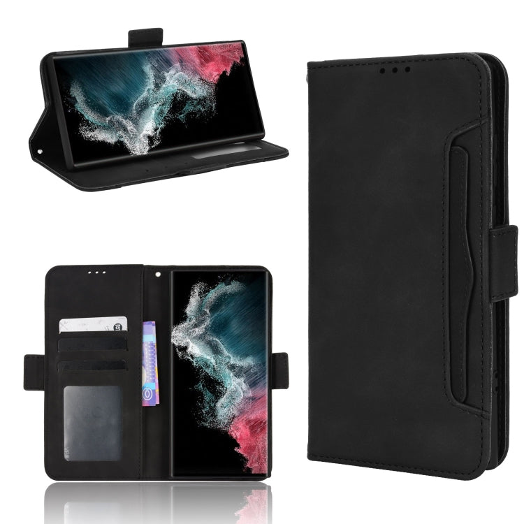Black leather-look wallet phone case with flip cover, card slots, and stand viewing flap.