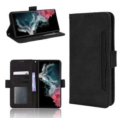 Black leather-look wallet phone case with flip cover, card slots, and stand viewing flap.