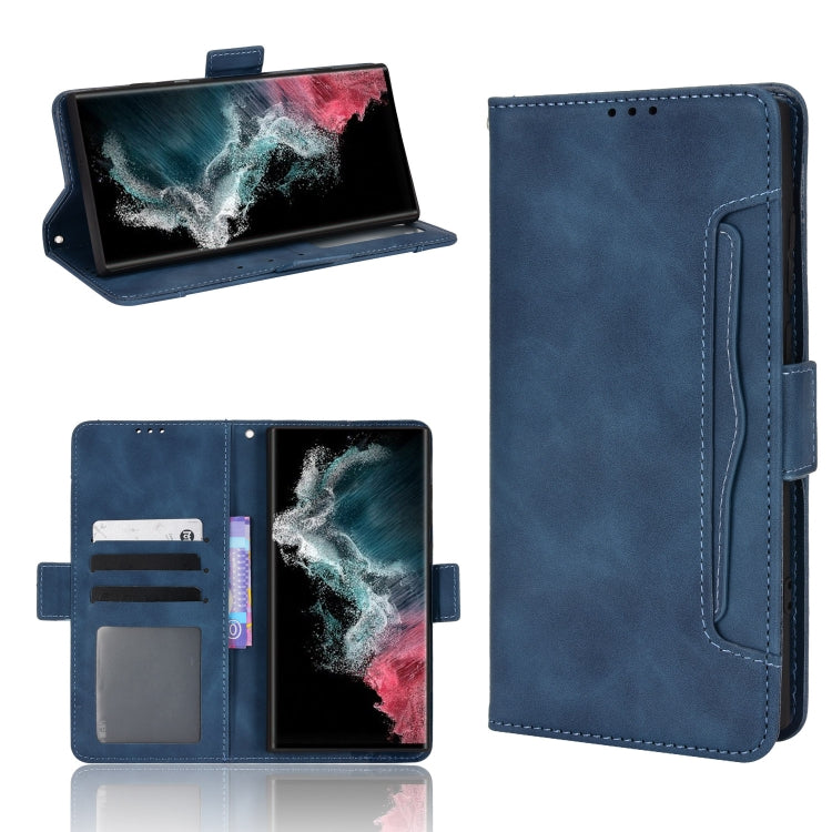Blue leather-look wallet phone case with flip cover, card slots, and side strap.