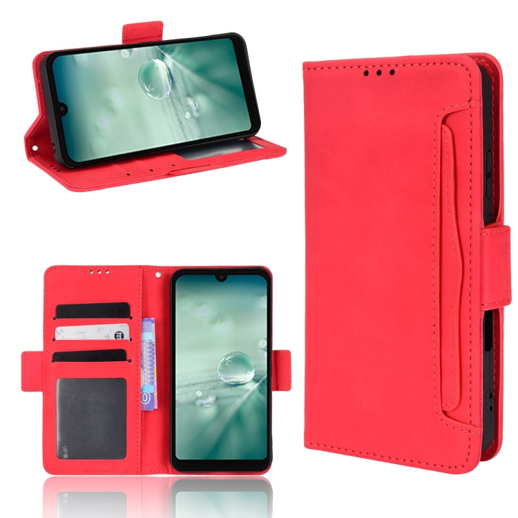 Red leather-look wallet phone case with flip cover, card slots, and side strap.