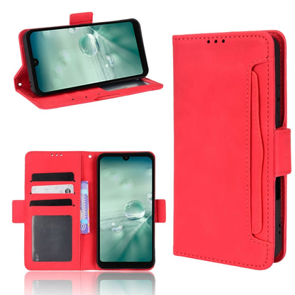 Red leather-look wallet phone case with flip cover, card slots, and side strap.