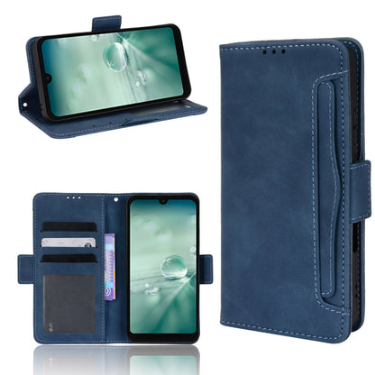 Blue leather-look wallet phone case with flip cover and inner card slots with strap.