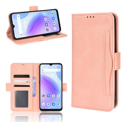 Pink leather-pattern phone wallet case with flip cover, card slots, and hand strap