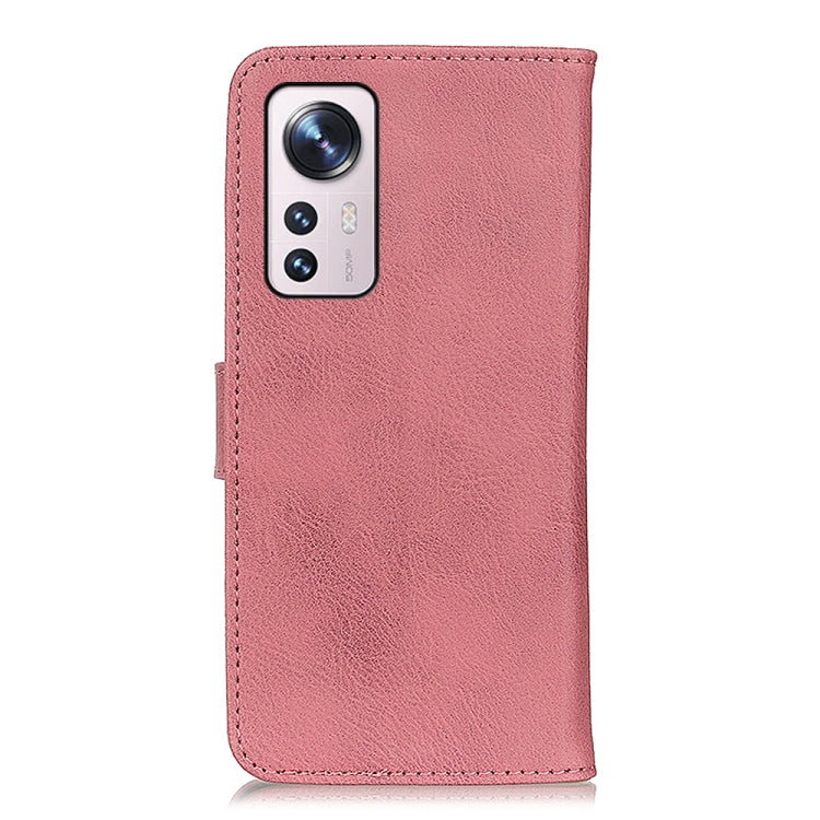Pink leather flip phone case with camera cutout and stitched edges