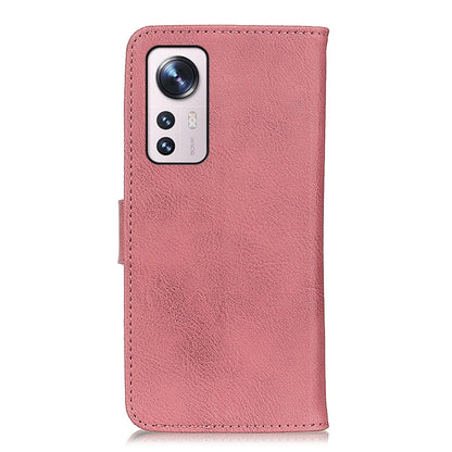 Pink leather flip phone case with camera cutout and stitched edges