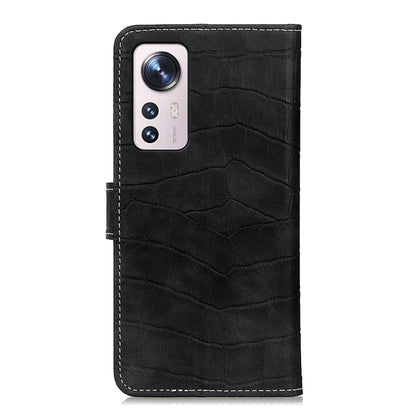 Black crocodile-texture leather phone case with camera cutout and stitched edges