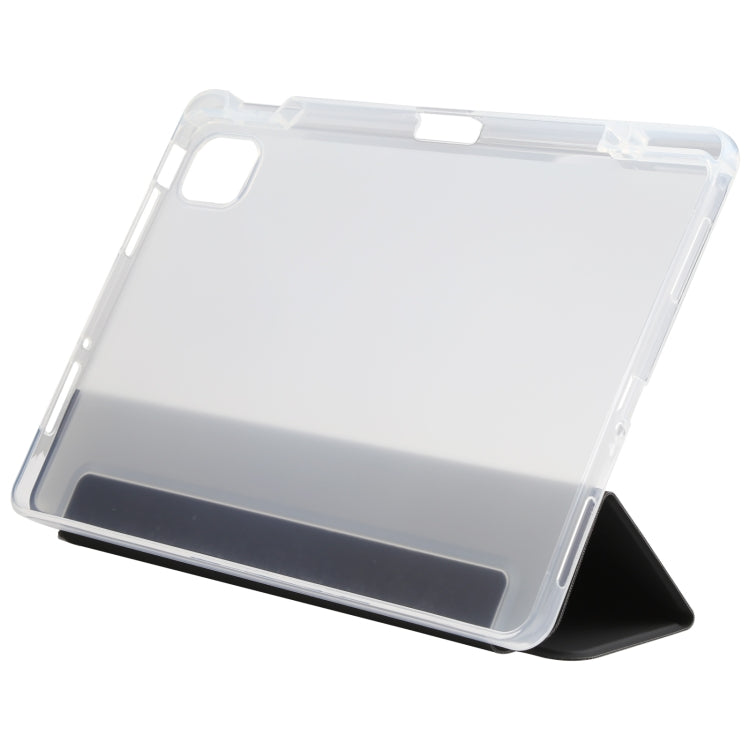 Transparent back leather tablet case with pen slot and folding stand, clear with dark base