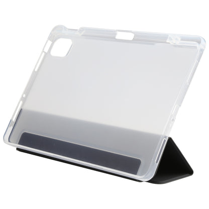 Transparent back leather tablet case with pen slot and folding stand, clear with dark base