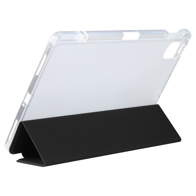 Transparent back leather tablet case with pen slot and folding stand, clear with black cover