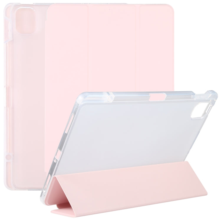 Transparent back leather tablet case with pen slot and folding stand, pink
