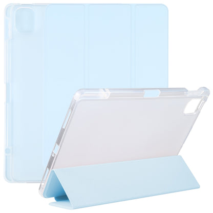 Transparent back leather tablet case with pen slot and folding stand, light blue