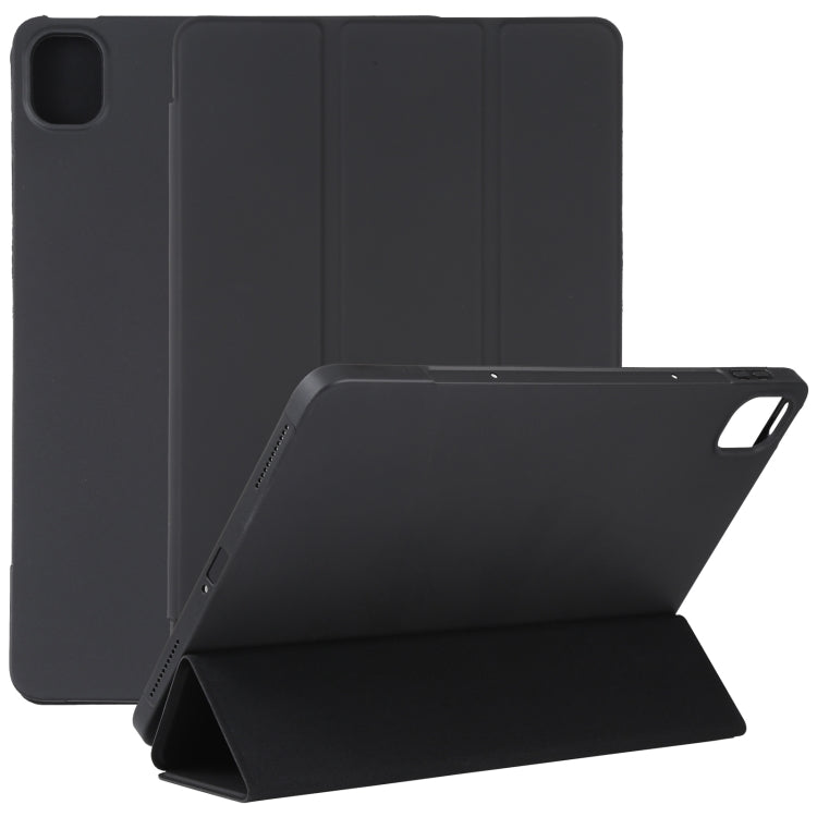 Black three-fold leather-look tablet case with stand, front cover folded upright