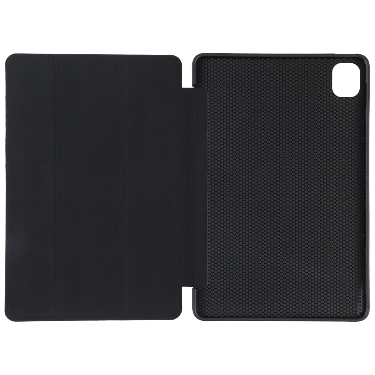 Black three-fold tablet case with textured back panel and front cover