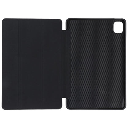 Black three-fold tablet case with textured back panel and front cover