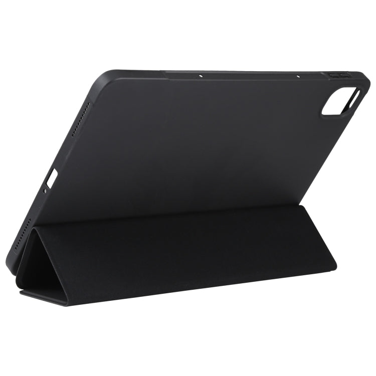 Dark green three-fold leather-look tablet case with stand, cover folded for viewing