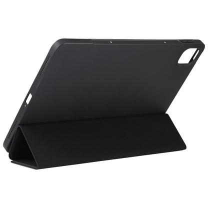 Dark green three-fold leather-look tablet case with stand, cover folded for viewing